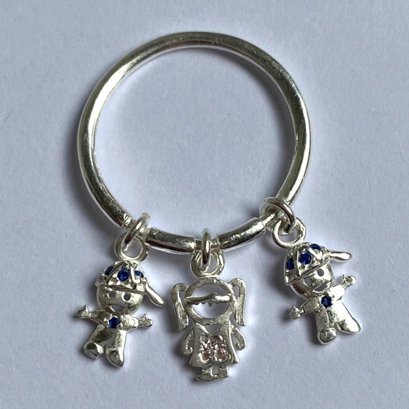 Anel Família Pingentes Prata 925: 2 Meninos E 1 Menina