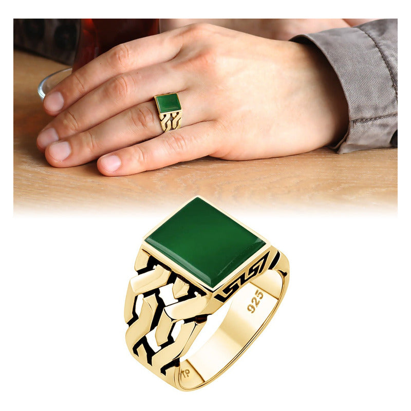 Anel Masculino Elos Prata 925 Dourada Ouro 18k - Ágata Verde