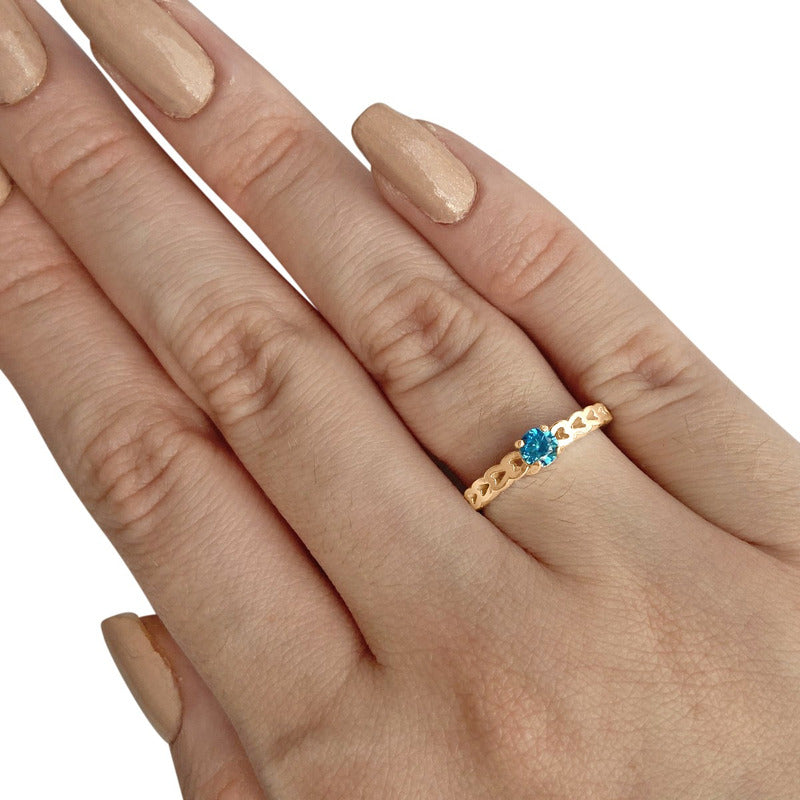 Anel Luxo Corações Prata 925 Dourada Ouro 18k - Topázio Azul