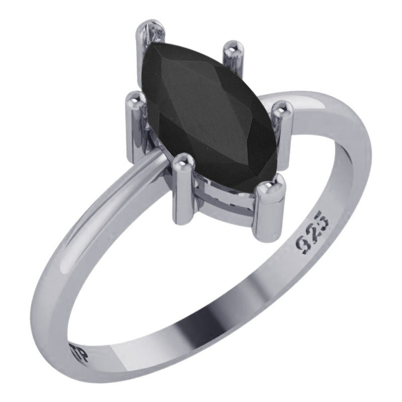 Anel Prata 925 Solitário Navete Black Onix - Exclusivo