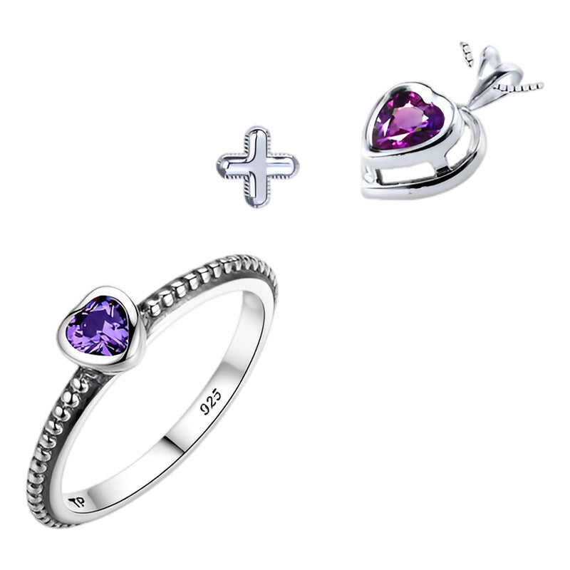 Kit de anillo y collar de corazón de amatista en plata 925 - Exclusivo