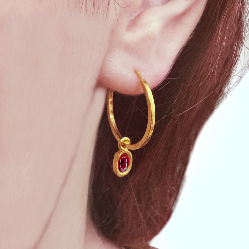 925 Silver 18k Gold Plated Oval Pendant Hoop Earring - Garnet