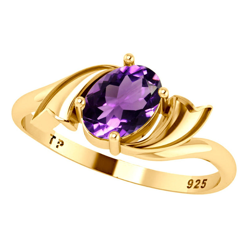 Anel Wings Prata 925 Dourada Ouro 18k - Ametista Oval