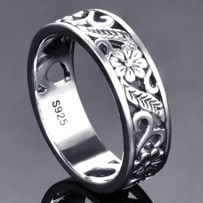 Anel Floral Esculpido Pura Prata 925 Unissex - Exclusivo