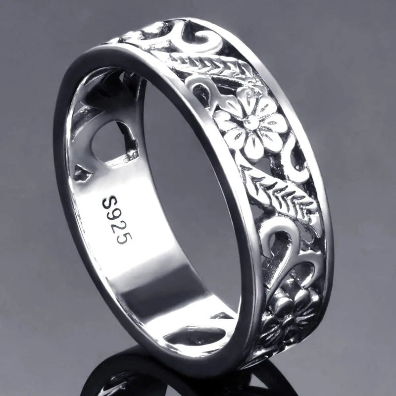 Anel Floral Esculpido Pura Prata 925 Unissex - Exclusivo