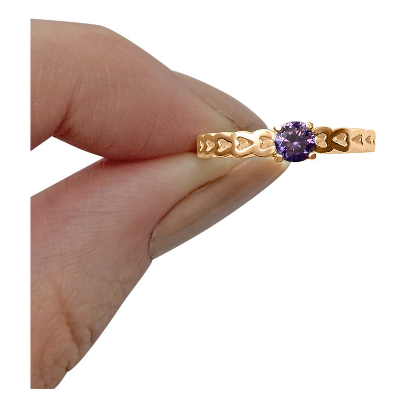 Anel Luxo Corações Prata 925 Dourada Ouro 18k - Ametista