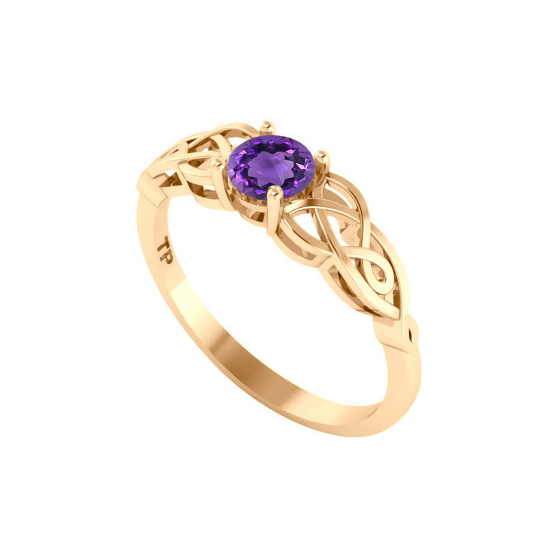 Anel Solitário Celta Knot Prata 925 Dourada 18k - Ametista