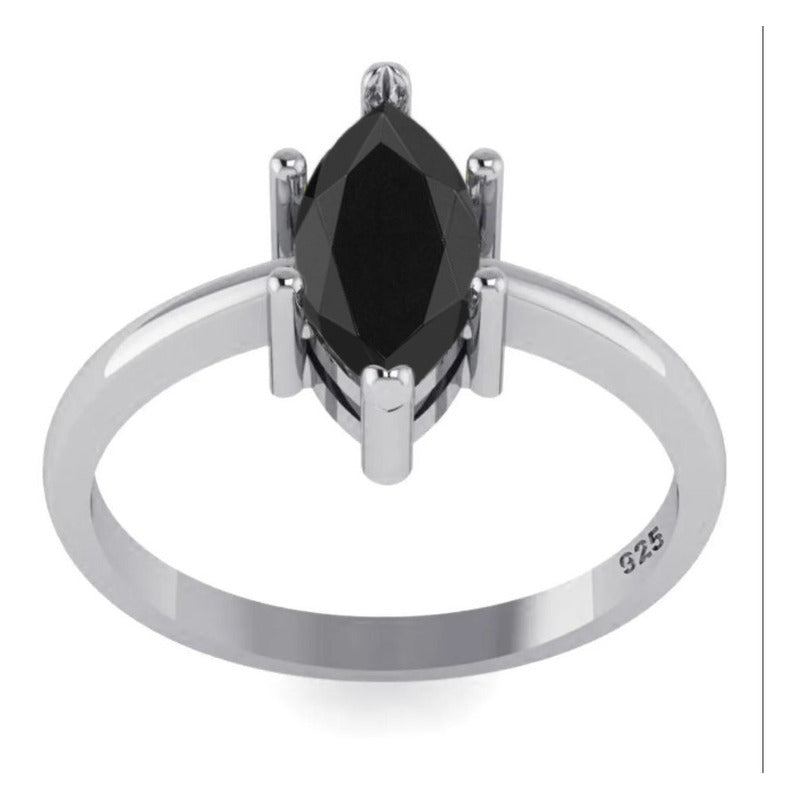 Anel Prata 925 Solitário Navete Black Onix - Exclusivo