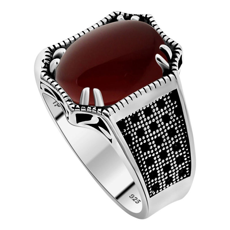 Anel Prata 925 Ágata Vermelha Natural Cabochão Exclusivo