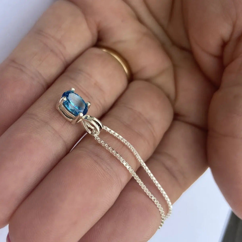 Pingente Prata 925 Oval Topázio Azul 6x8mm - Exclusivo Azul-claro