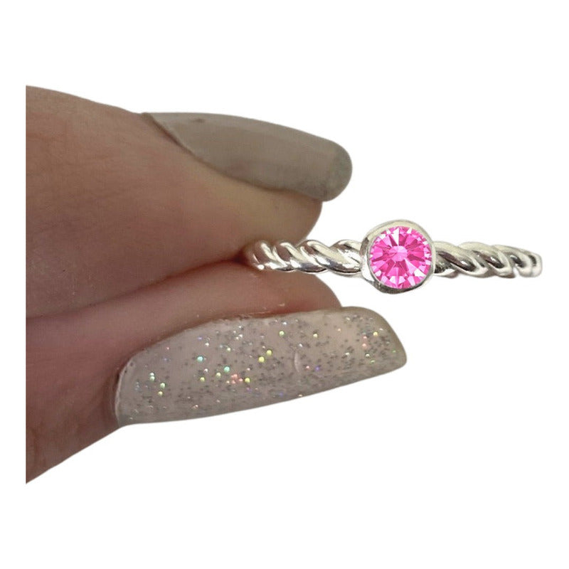 Anel Prata 925 Solitário Torcido Safira Rosa - Exclusivo