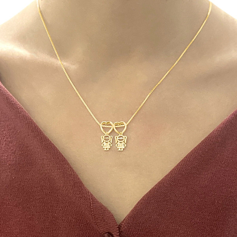Colar Canga 2 Meninas Zircônias Prata 925 Dourada Ouro 18k