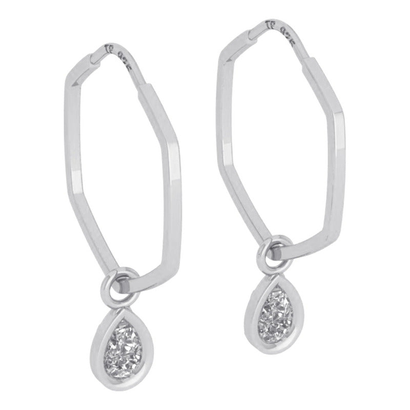 Brinco Argola Hexagonal Prata 925 Pingente Gota - Zircônia