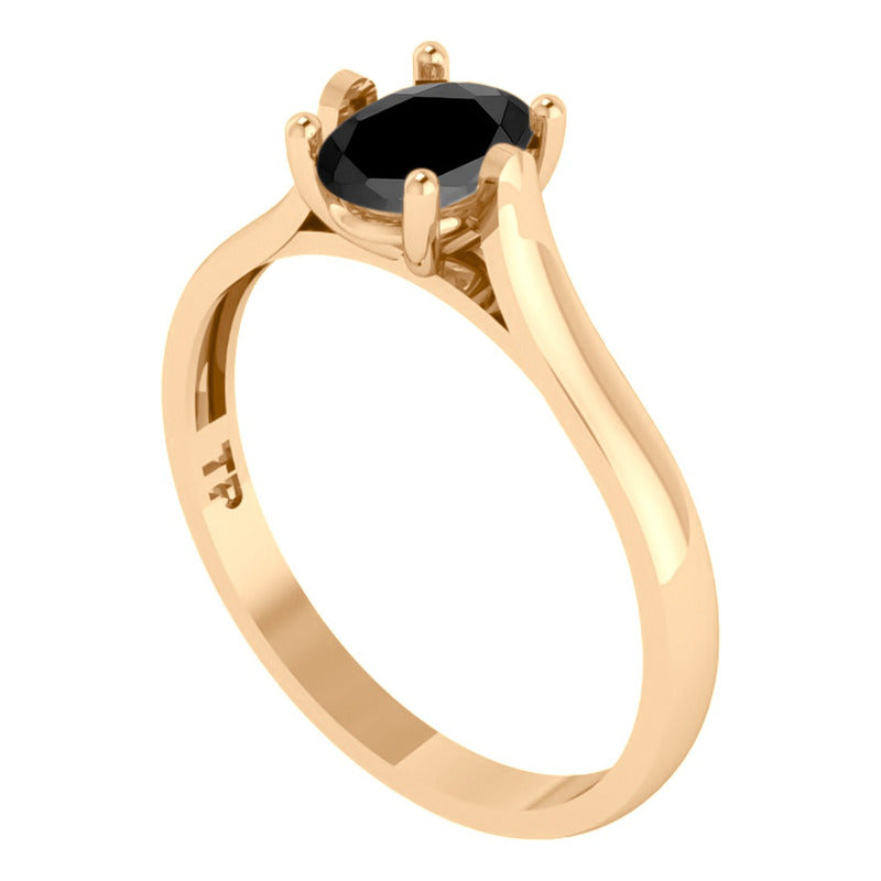 Anel Solitário Oval Em Prata 925 Dourada 18k - Black Ônix