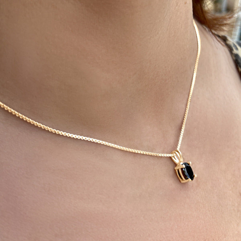 Colar Pingente Oval Prata 925 Dourada 18k - Black Ônix