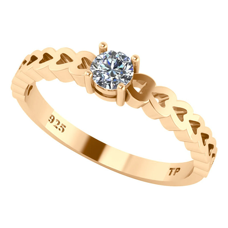 Anel Luxo Corações Prata 925 Dourada 18k Zircônia