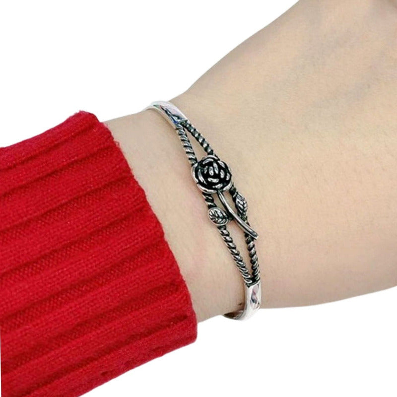 Pulseira Bracelete Floral Rígido Maciço Prata 925 - Feminino