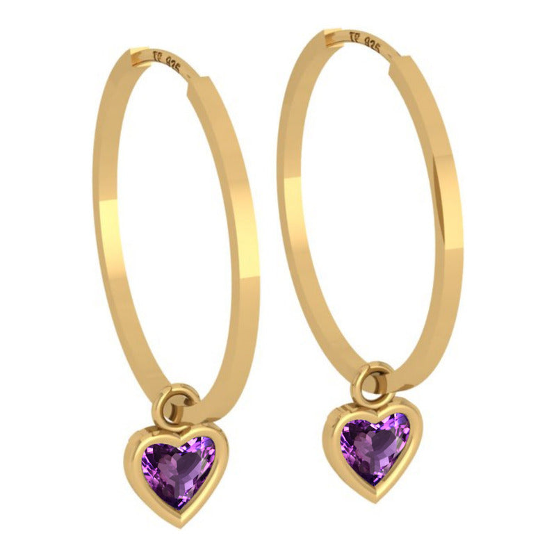 Brinco Argola Prata 925 Dourado 18k Zirconia Roxa Coração