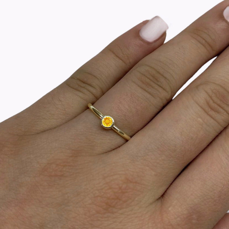Anel Solitário Citrino Redonda - Prata 925 Dourada Ouro 18k