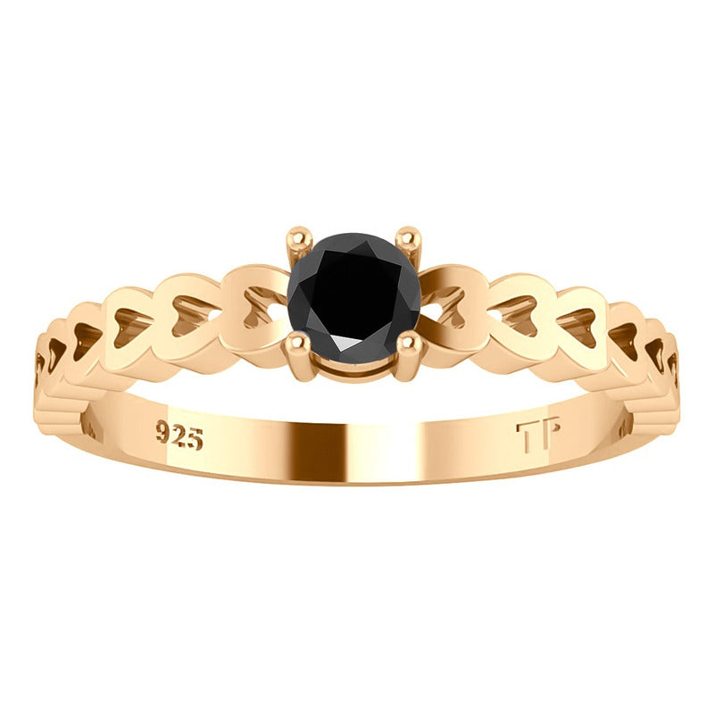 Anel Luxo Corações Prata 925 Dourada Ouro 18k Black Ônix