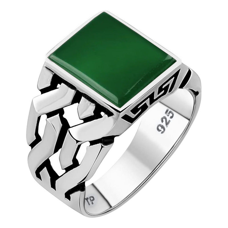 Anel Prata 925 Masculino Elos Esculpido - Ágata Verde