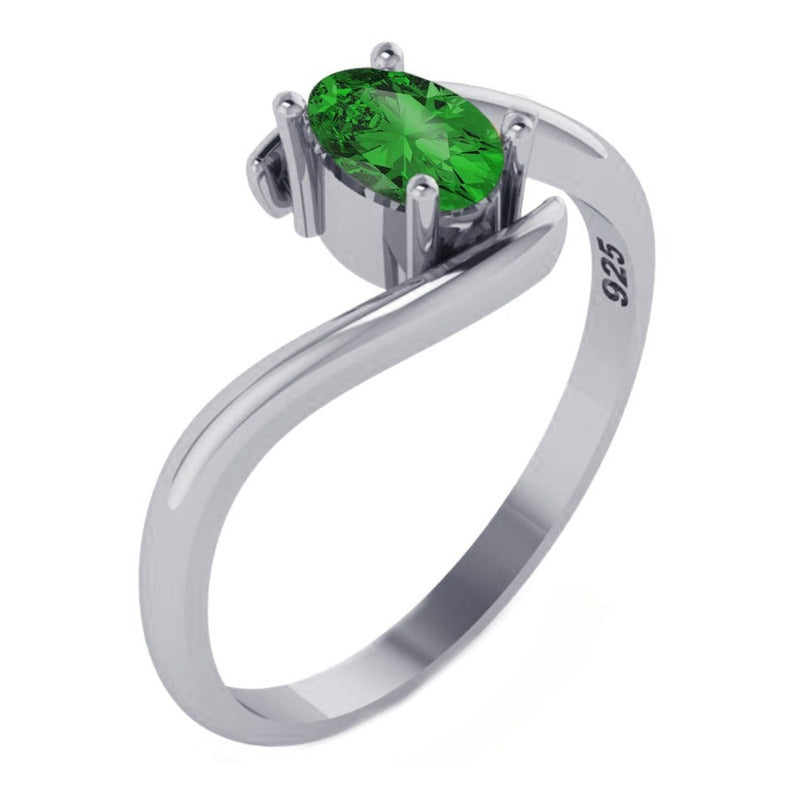 Anel De Prata 925 Solitário Miami Esmeralda - Feminino
