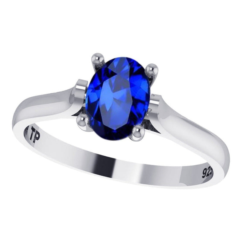Anel Solitário Prata 925 Safira Azul Oval - Exclusivo