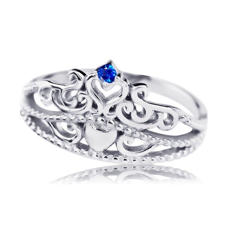 Anel Tiara Princesa Coração Prata 925 Safira - Exclusivo