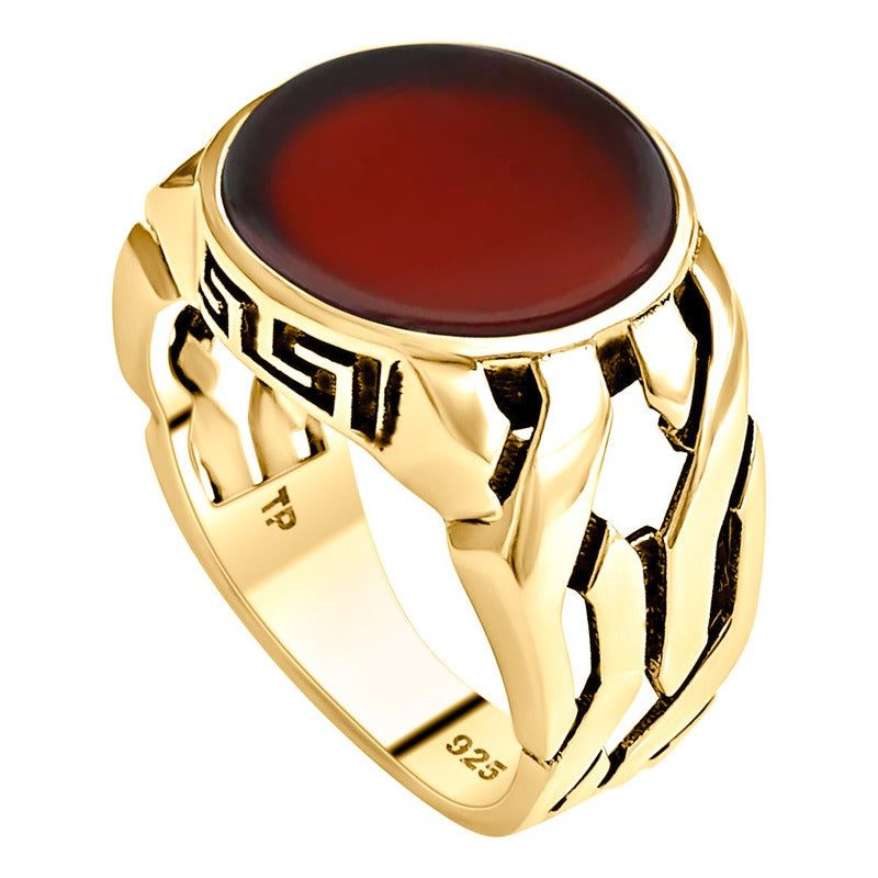 Anel Elos Redondo Prata 925 Dourada Ouro 18k- Ágata Vermelha