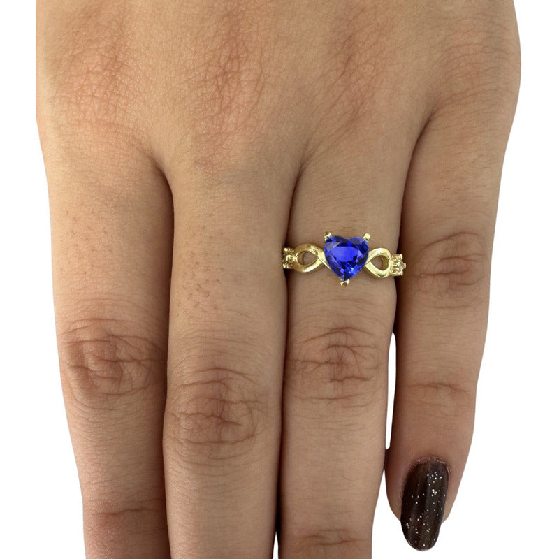 Anel Prata 925 Dourada 18k Infinito Amor Coração - Safira