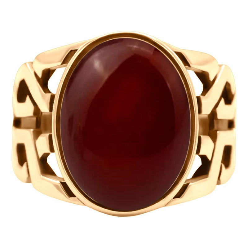 Anel Elos Oval Prata 925 Dourada Ouro 18k Ágata Vermelha