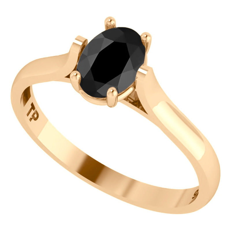 Anel Solitário Oval Em Prata 925 Dourada 18k - Black Ônix