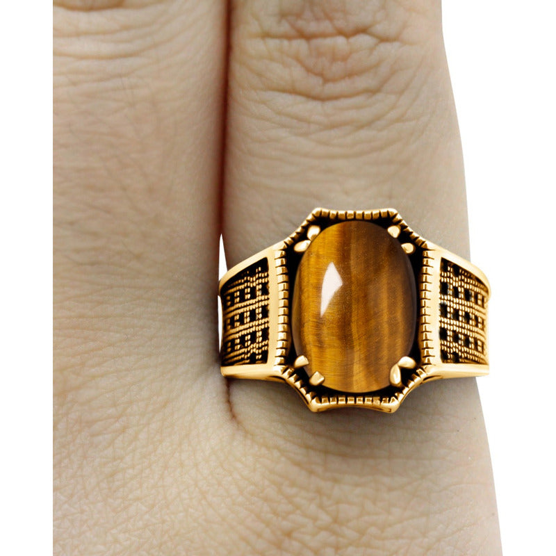 Anel Cabochão Prata 925 Dourada Ouro 18k - Olho De Tigre