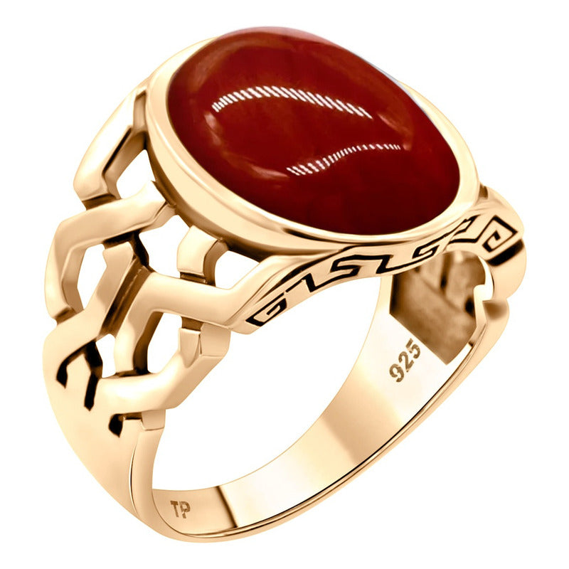 Anel Elos Oval Prata 925 Dourada Ouro 18k Ágata Vermelha