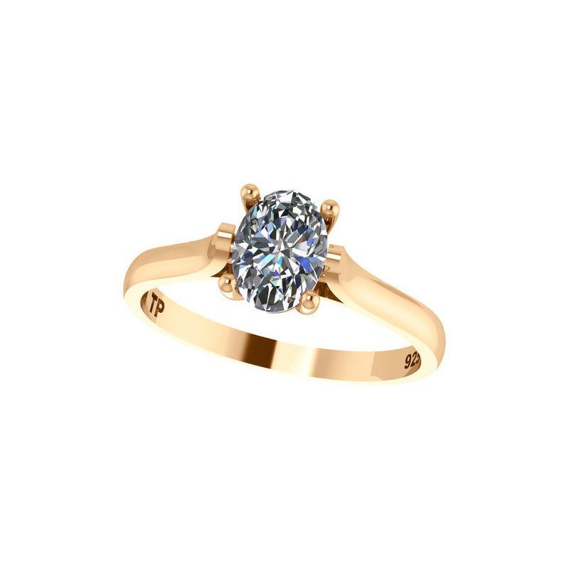 Anel Solitário Oval Em Prata 925 Dourada 18k - Zircônia
