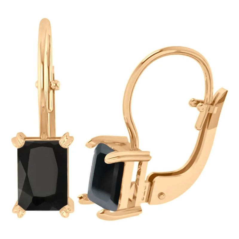 Brinco Trava Retangular Prata 925 Dourada Ouro 18k - Onix Preto