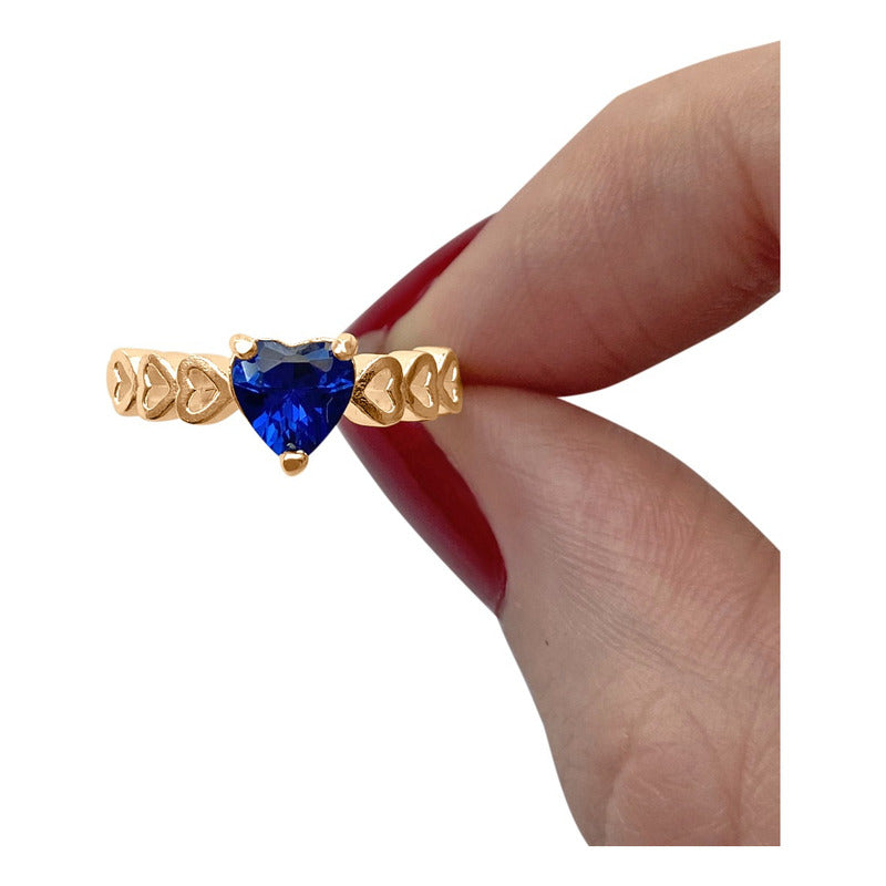 Anel Luxo Prata 925 Dourada A Ouro 18k - Safira Coração