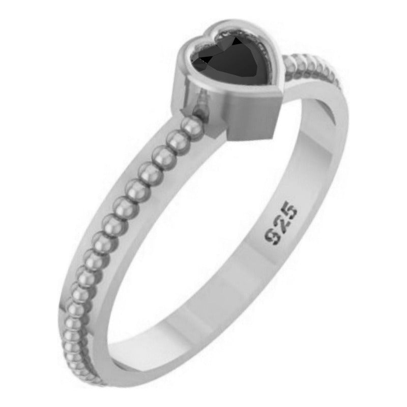 Anel De Prata 925 Solitário Coração Black Onix - Exclusivo