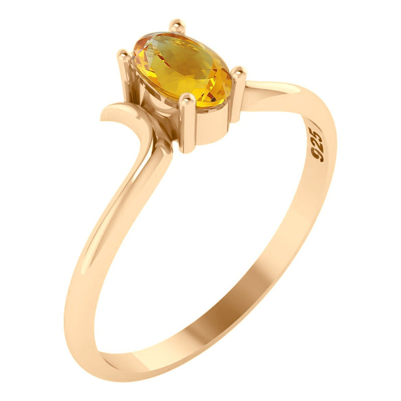 Anel Roma Solitário Prata 925 Dourada Ouro 18k - Citrino
