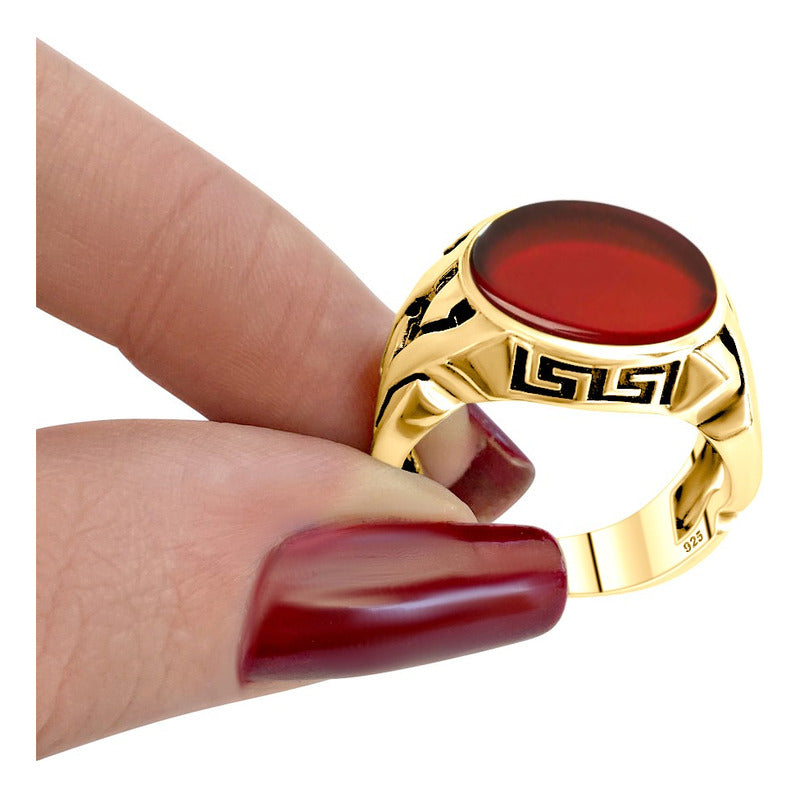 Anel Elos Redondo Prata 925 Dourada Ouro 18k- Ágata Vermelha