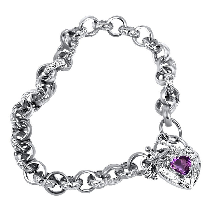 Pulseira Prata 925 Elo Português Ametista - Fecho Coração