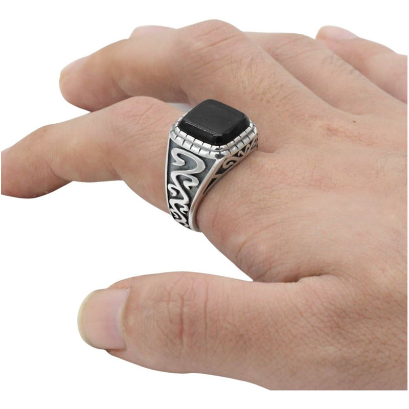 Anel Masculino Esculpido Prata 925 Black Onix Lançamento