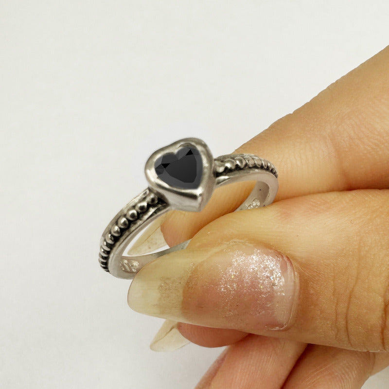 Anel De Prata 925 Solitário Coração Black Onix - Exclusivo