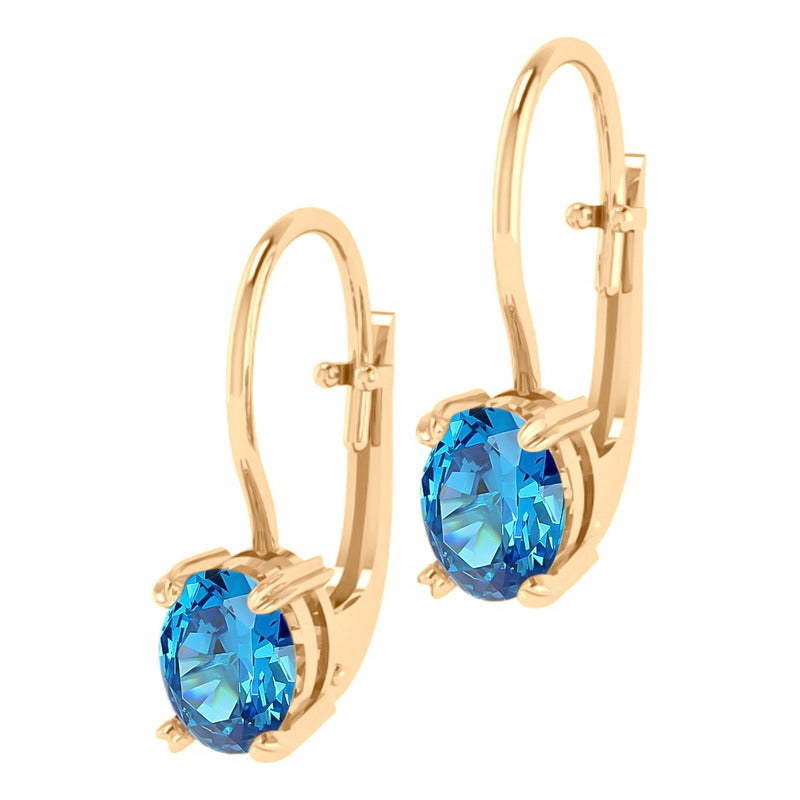 Brinco Trava Pura Prata 925 Dourada 18k - Topázio Azul Oval