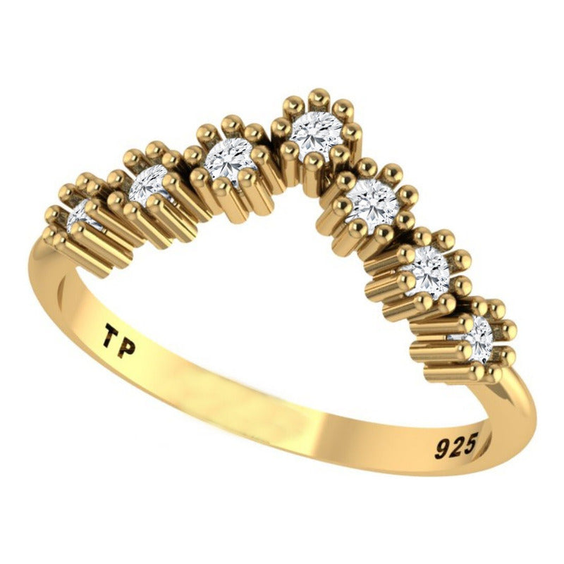Anel Prata 925 Dourada 18k V Chevron - Zircônias