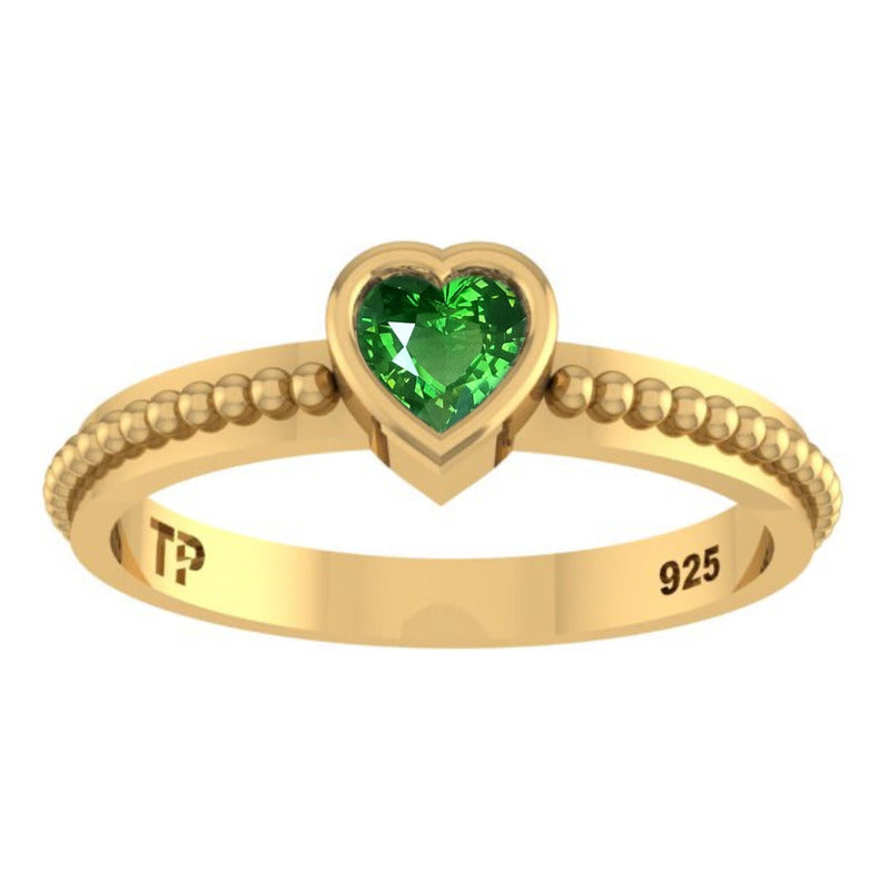 Anel Prata 925 Dourada 18k Solitário Coração - Esmeralda