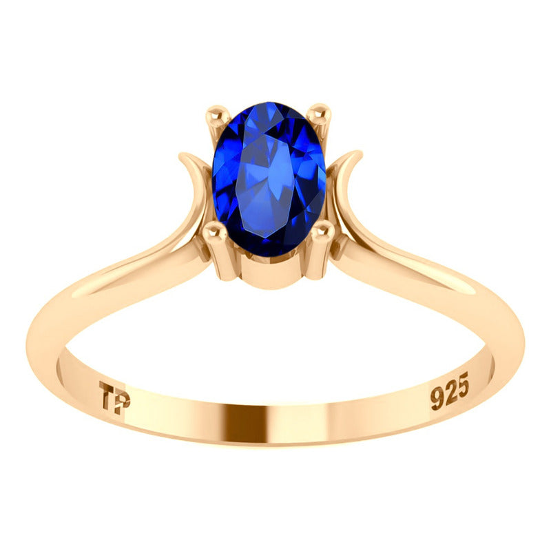 Anel Roma Solitário Prata 925 Dourada Ouro 18k - Safira
