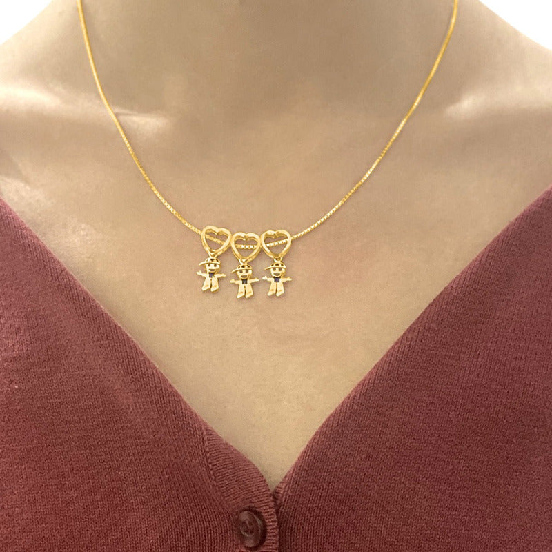 Colar Canga 3 Meninos Com Safira Prata 925 Dourada Ouro 18k