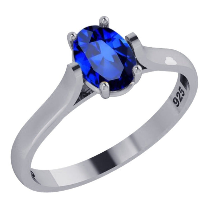 Anel Solitário Prata 925 Safira Azul Oval - Exclusivo