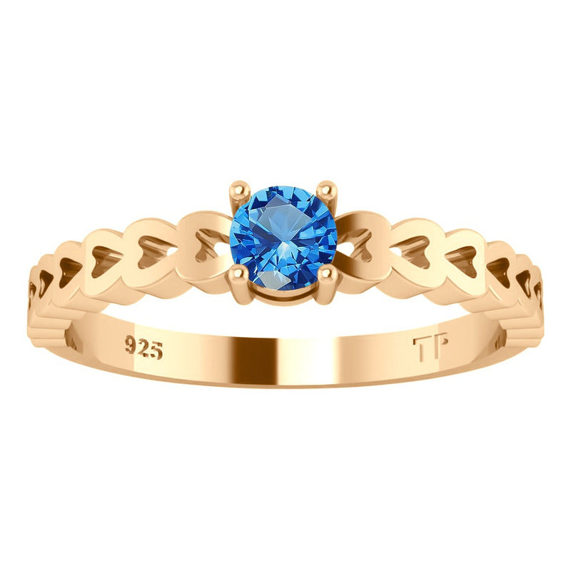 Anel Luxo Corações Prata 925 Dourada Ouro 18k - Topázio Azul